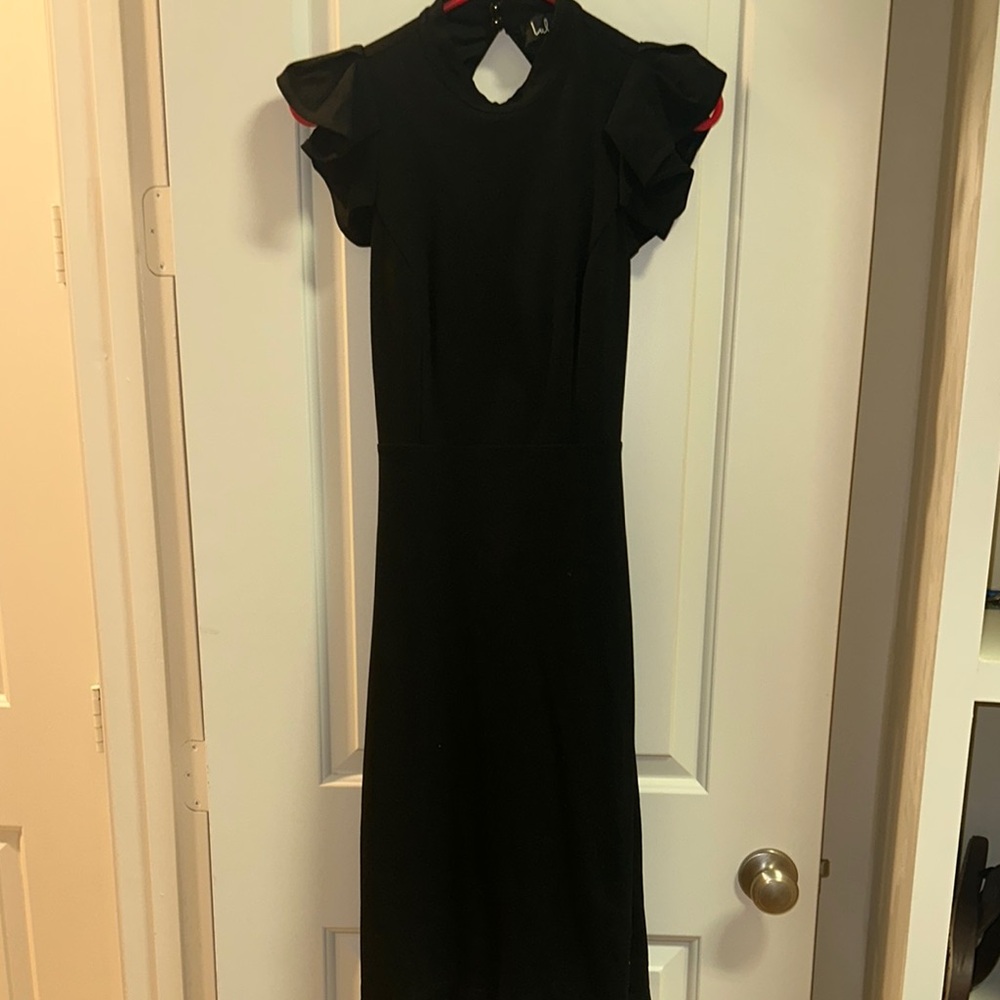 Lulu's Black Midi Dress with Ruffle Sleeves and Open Back